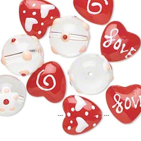 Hand Painted Glass Valentine Love Round & Heart Beads 14mm — 10 pcs