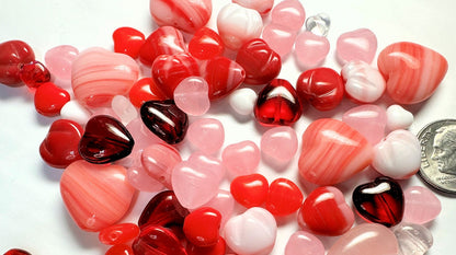 Czech Pressed Glass Puffed Heart Bead Mix Red & Pink 6–16mm — 50g (approximately 55 pcs)