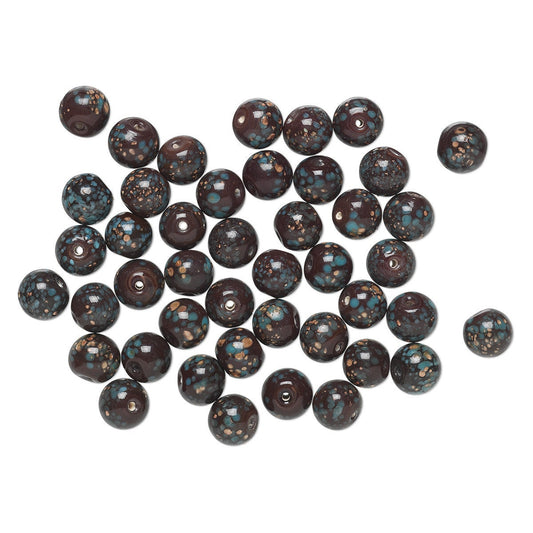Brown Turquoise & Copper Glitter Lampwork Glass Round Beads 12mm — 50 pcs