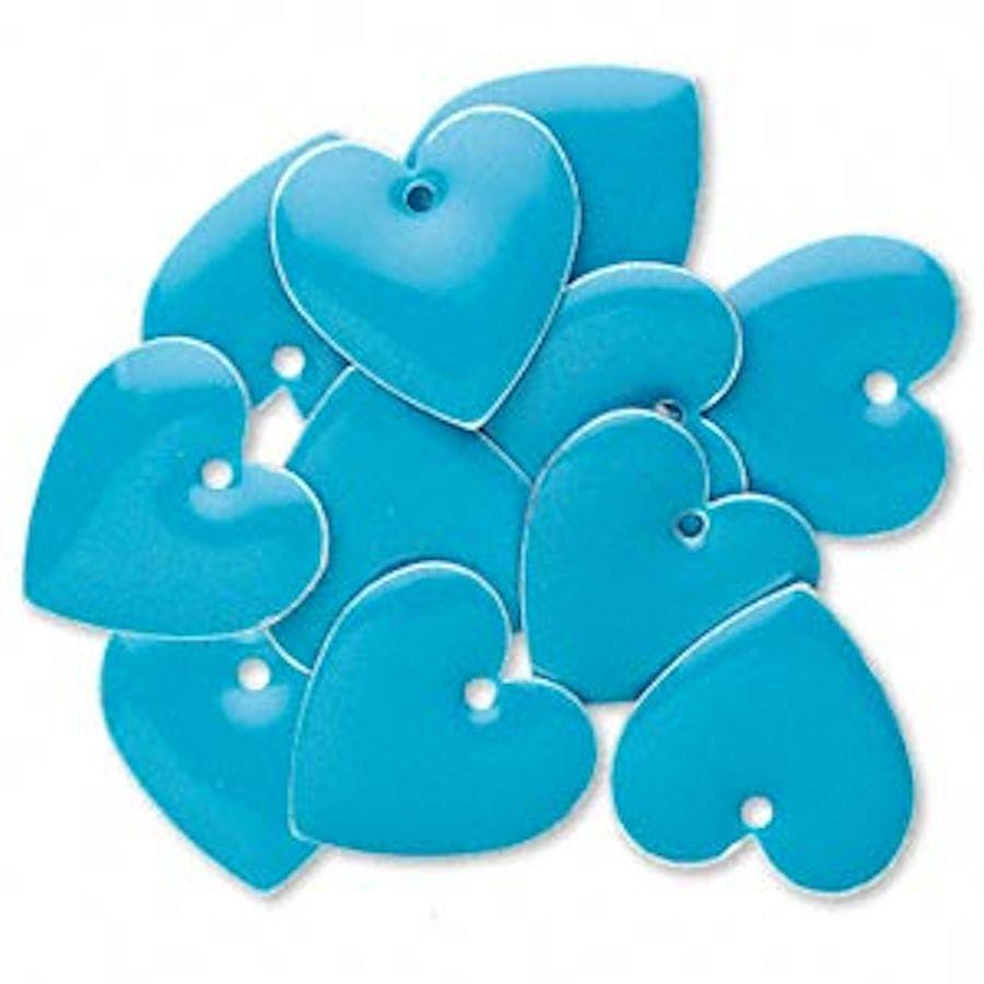 Silver Plated Brass & Epoxy Turquoise Blue Double-Sided Heart Charms 16mm — 12 pcs