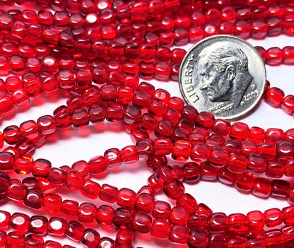 Czech Pressed Glass Transparent Light Siam Ruby Red Rounded Cube Beads 4mm — 100 pcs
