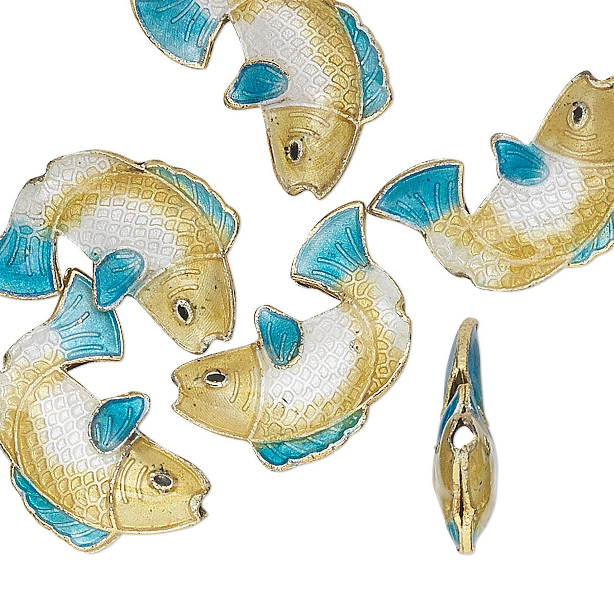 Gold Finished Brass & Enamel Blue Cloisonné Fish Beads 18x14x4mm — 6 pcs