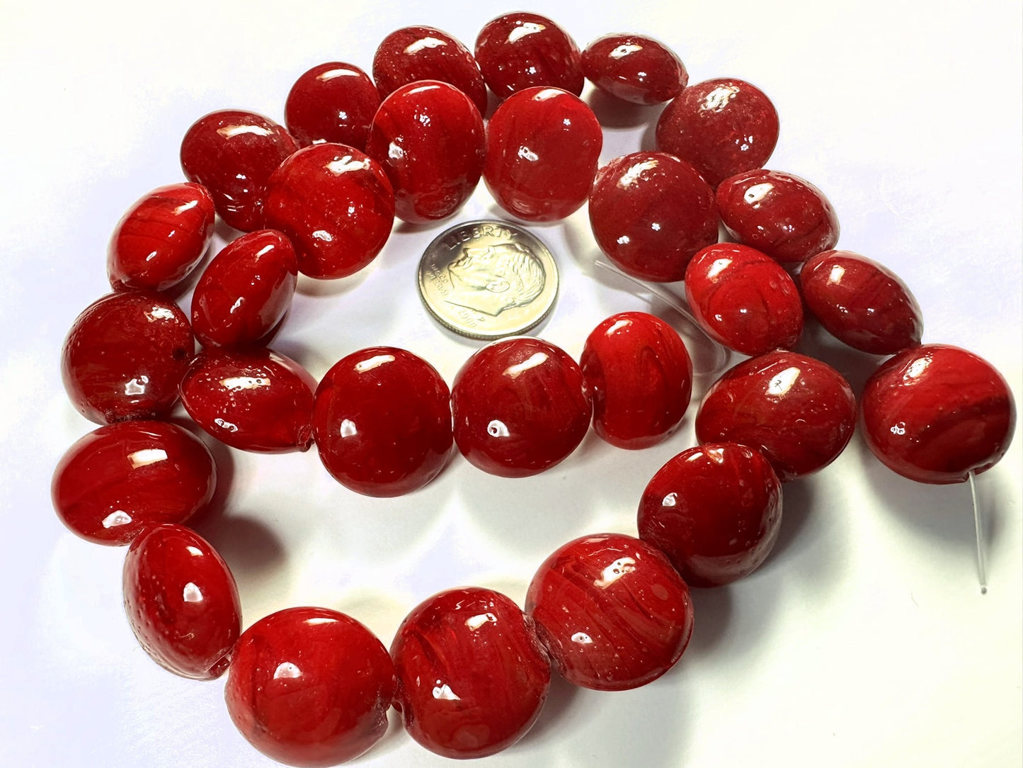 Lampwork Glass Opaque Dark Red Puffed Coin Beads 15-16mm — 1 Strand (26-28 pcs)