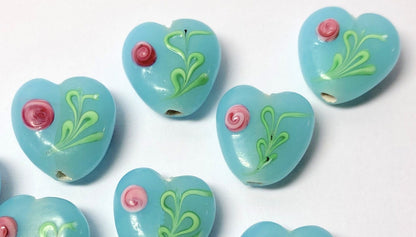 Lampworked Glass 3D Light Blue Heart Focal Beads with Pink Flowers 15x15x7mm — 10 pcs