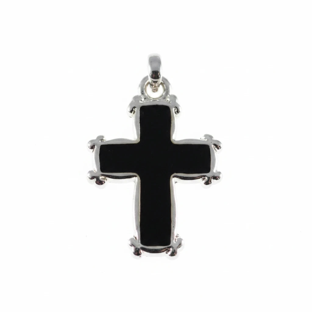 A silver-toned cross pendant with a black enamel center, shown on a plain white background.
