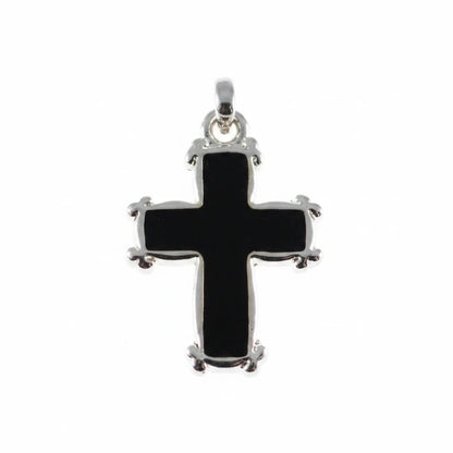 A silver-toned cross pendant with a black enamel center, shown on a plain white background.