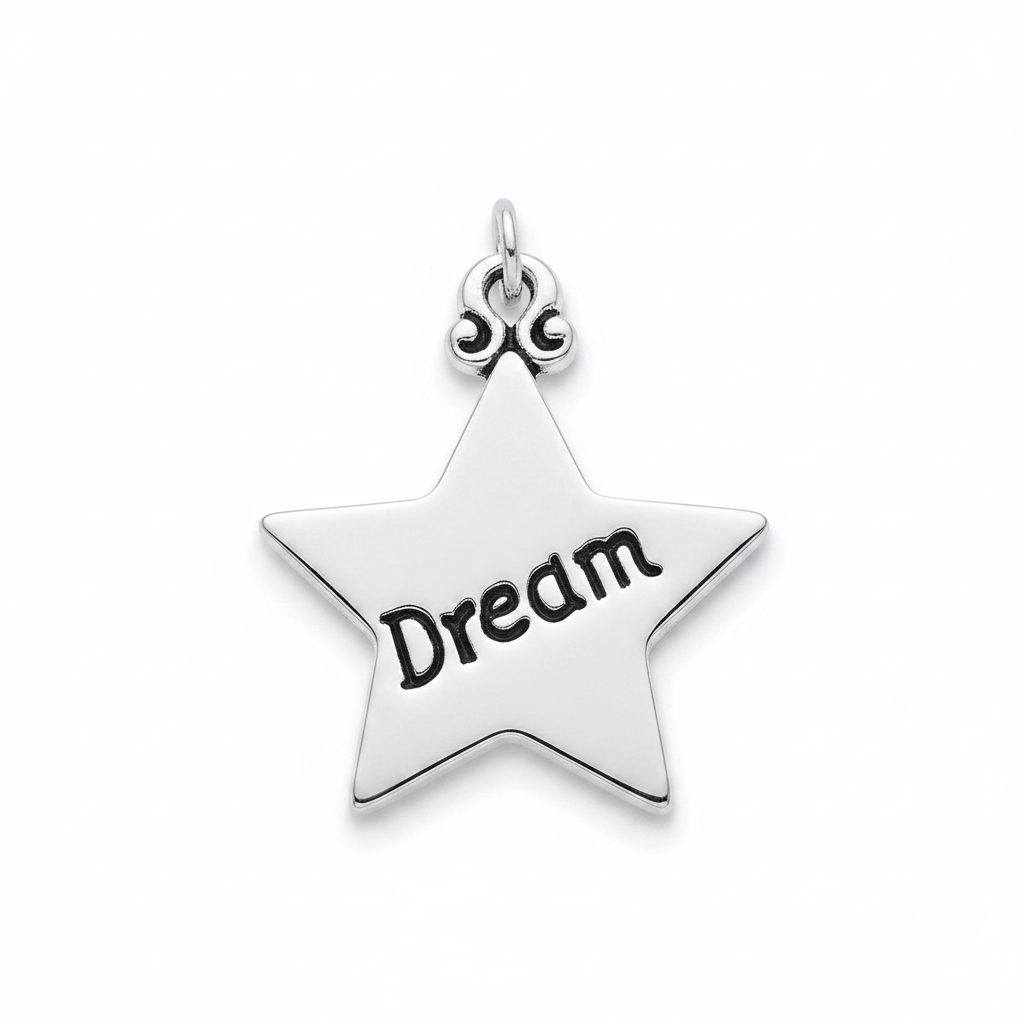 A silver star-shaped pendant charm with the word 'Dream' engraved in black on its center, shown on a clean white background.