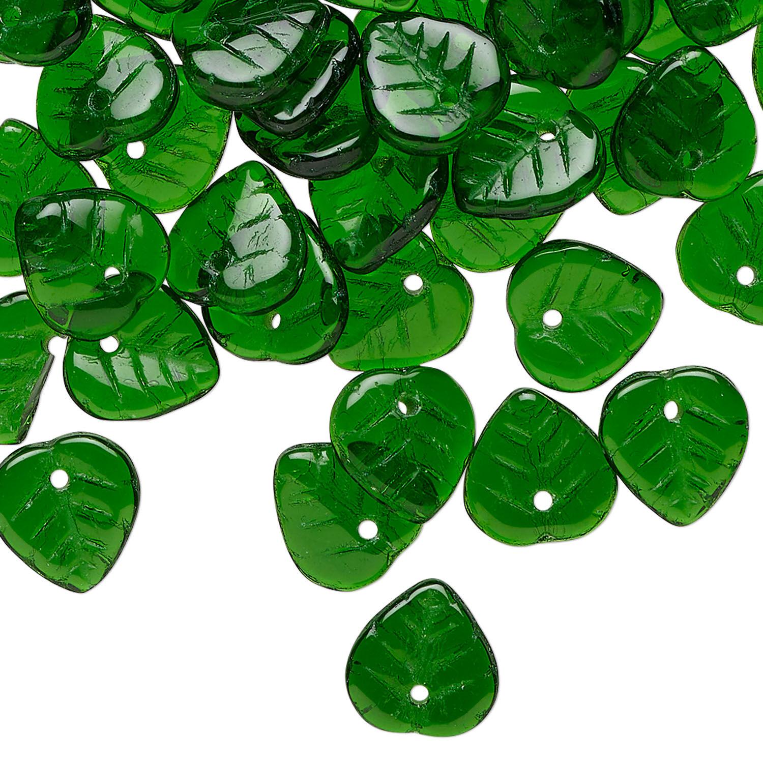 Green leaf-shaped beads on a white background