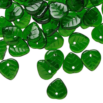 Green leaf-shaped beads on a white background
