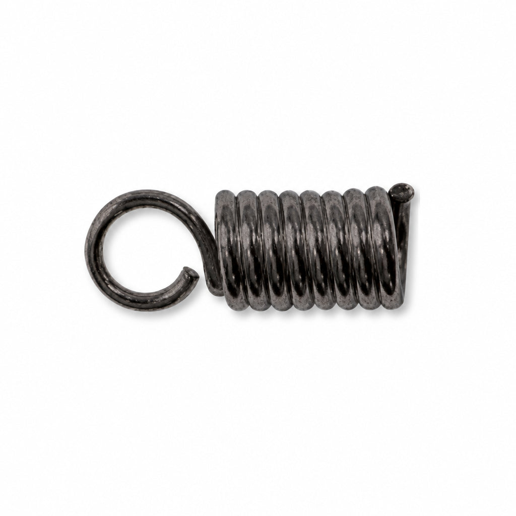 A small dark metal coil spring with a looped end, shown on a plain white background.