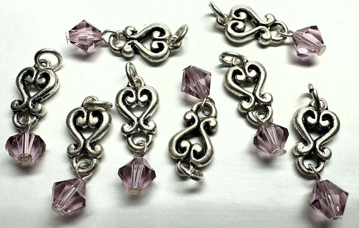 Antiqued Silver Pewter Heart Dangles with Amethyst Purple Swarovski Crystal 26x8mm — 8 pcs