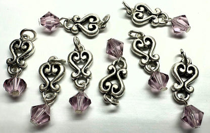 Antiqued Silver Pewter Heart Dangles with Amethyst Purple Swarovski Crystal 26x8mm — 8 pcs