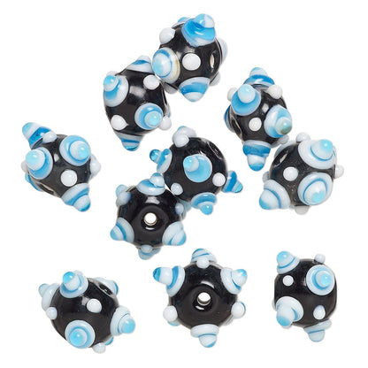 Lampwork Glass Black White & Blue Bumpy Rondelle Beads 12x10mm — 10 pcs