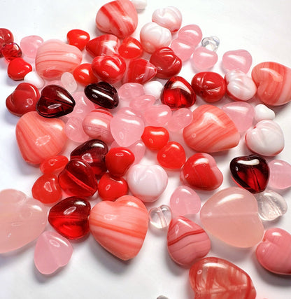 Czech Pressed Glass Puffed Heart Bead Mix Red & Pink 6–16mm — 50g (approximately 55 pcs)