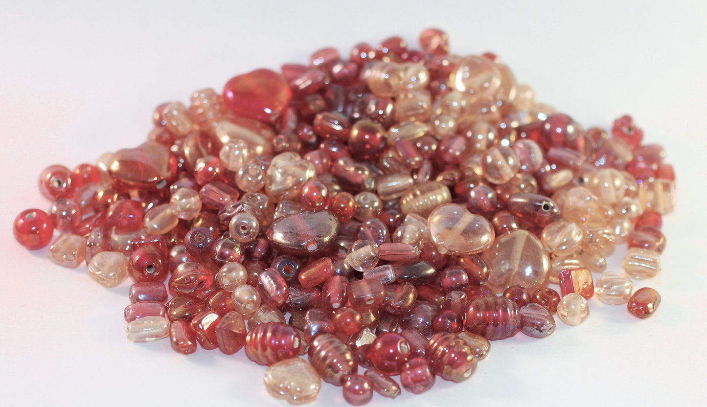 Rose Pink & Ruby Luster Pressed Glass Bead Mix 4–14mm — 100g (approximately 200 pcs)