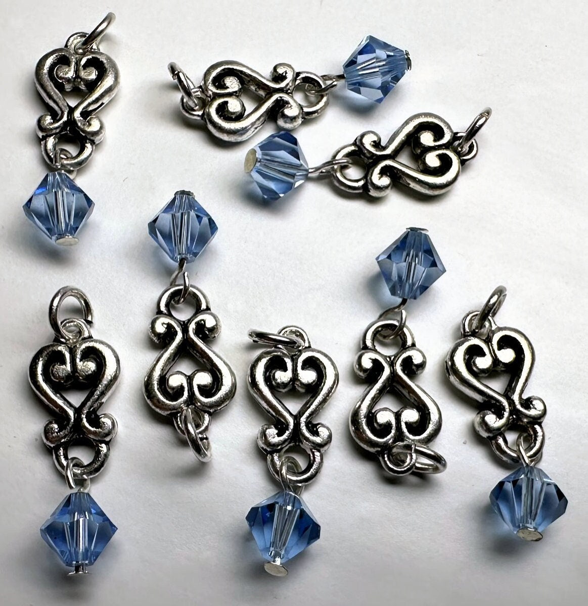 Antiqued Silver Pewter Heart Dangles with Light Sapphire Blue Swarovski Crystal 26x8mm — 8 pcs