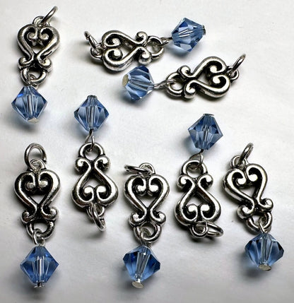 Antiqued Silver Pewter Heart Dangles with Light Sapphire Blue Swarovski Crystal 26x8mm — 8 pcs