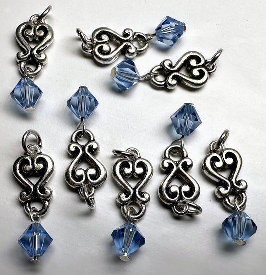 Antiqued Silver Pewter Heart Dangles with Light Sapphire Blue Swarovski Crystal 26x8mm — 8 pcs