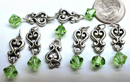 Antiqued Silver Pewter Heart Dangles with Peridot Green Swarovski Crystal (8 pc)
