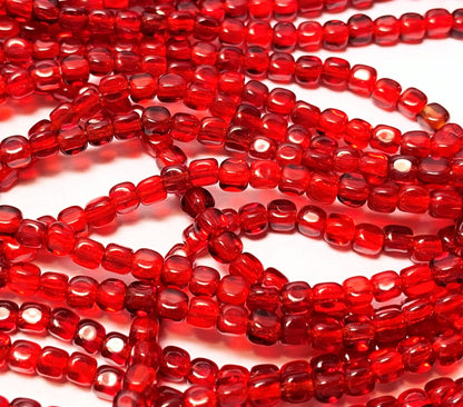 Czech Pressed Glass Transparent Light Siam Ruby Red Rounded Cube Beads 4mm — 100 pcs