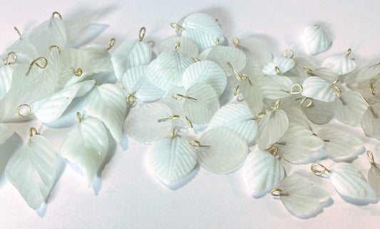 Frosted Clear & Opaque White Pressed Glass Double-Sided Leaf Charms — 54 pcs — Final Stock