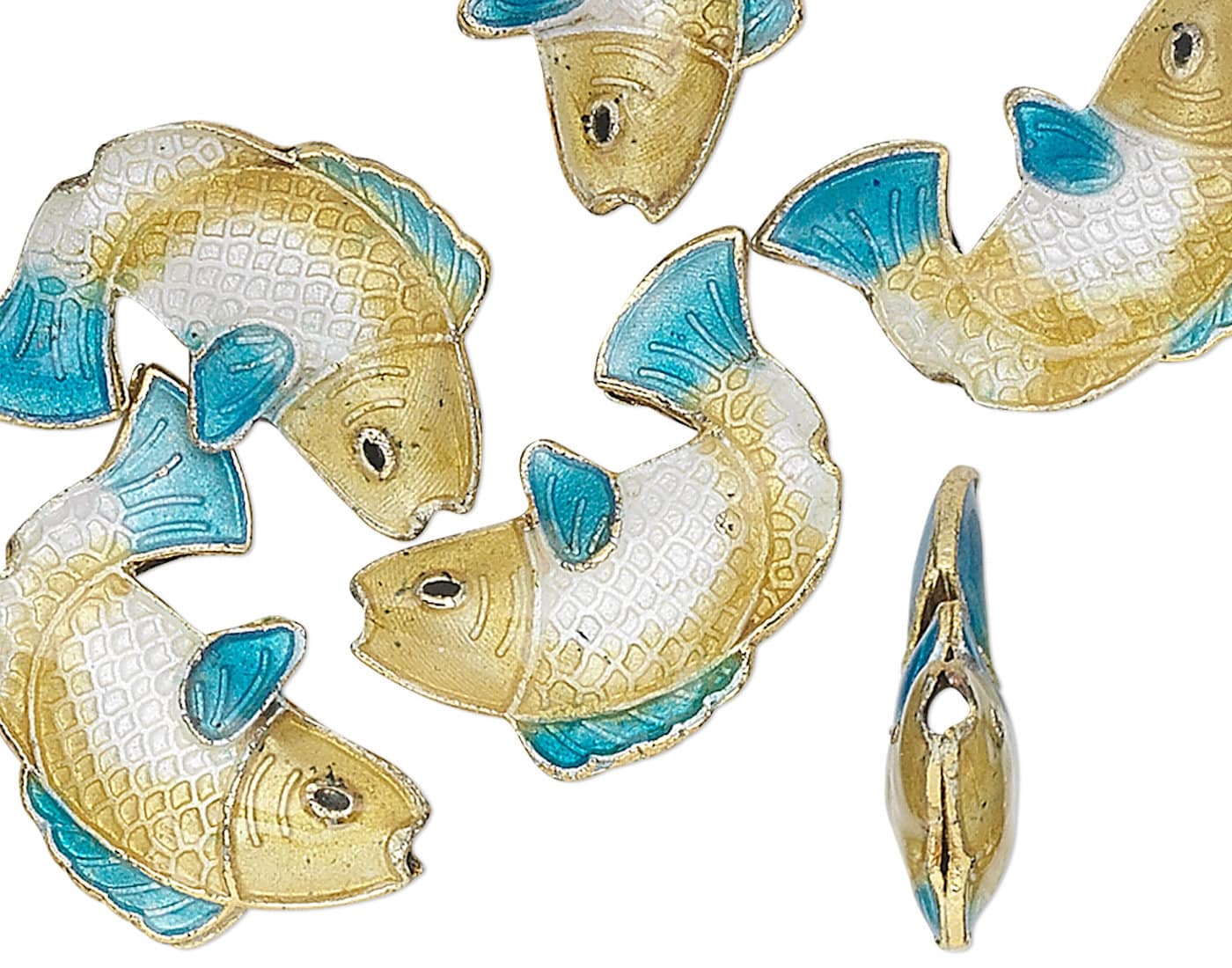 Gold Finished Brass & Enamel Blue Cloisonné Fish Beads 18x14x4mm — 6 pcs