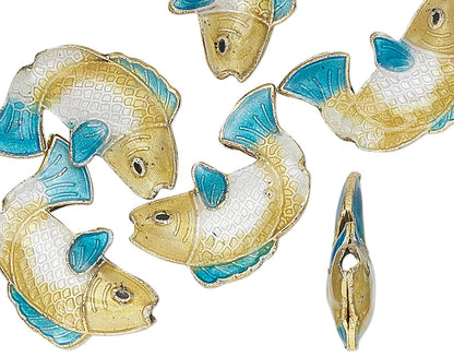 Gold Finished Brass & Enamel Blue Cloisonné Fish Beads 18x14x4mm — 6 pcs