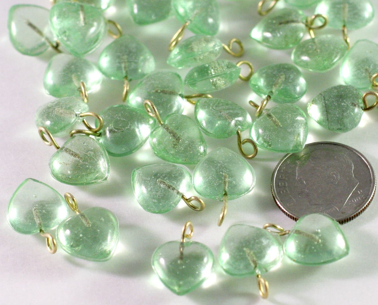 Transparent Peridot Green Glass Heart Drop Charms 10mm with Brass Loop — 100 pcs