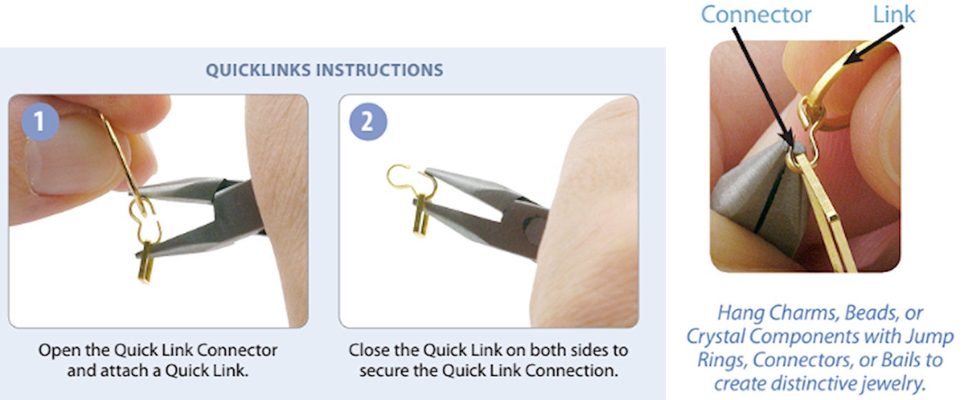 Step-by-step guide on using a quick link connector for jewelry, with close-up shots of hands and tools.