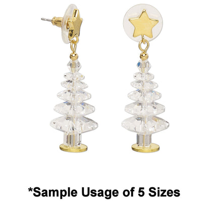 A pair of dangling earrings shown on a white background with text reading '*Sample Usage of 5 Sizes' below. Each earring has a gold-tone star and post, a round white disc, and a faceted clear crystal tree-shaped drop.
