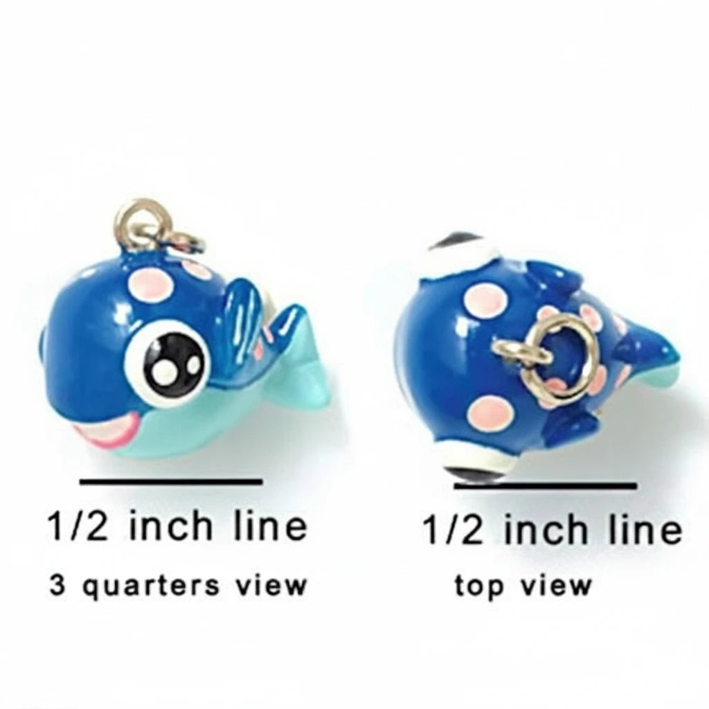 A small blue whale bead charm shown from two angles on a white background, with text indicating 1/2 inch size and views labeled 3 quarters view and top view.