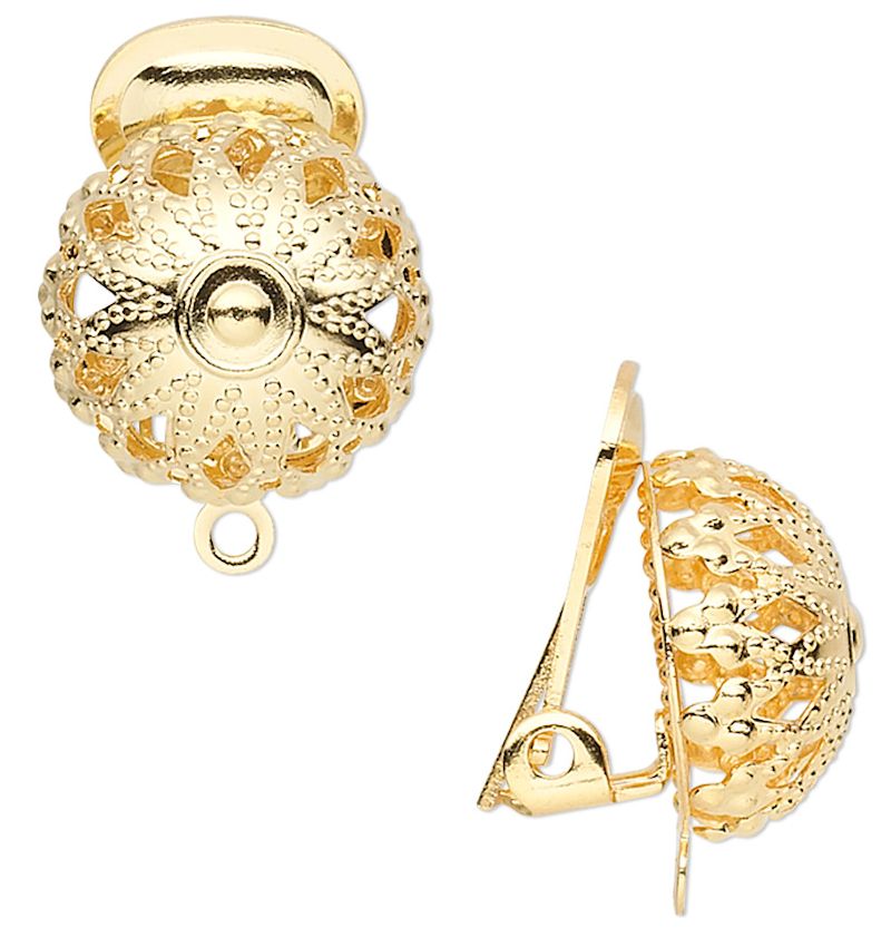 Clip-On Earring Blanks, Filigree Dome with Loop, Gold Plated Brass, 15x12mm, 10 pcs