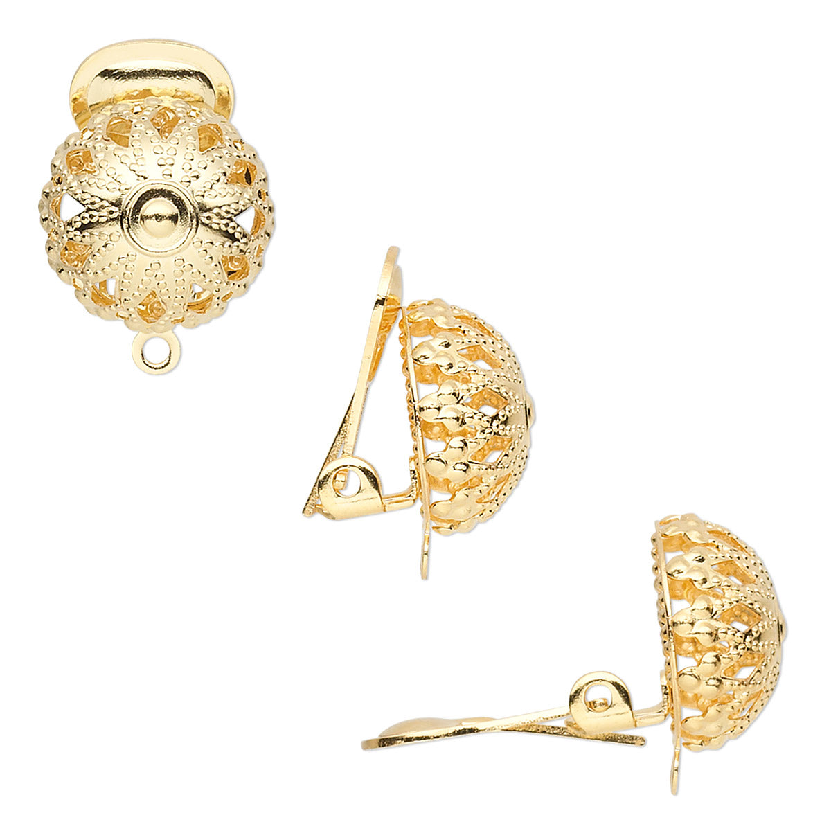 Gold earrings with intricate designs on a white background