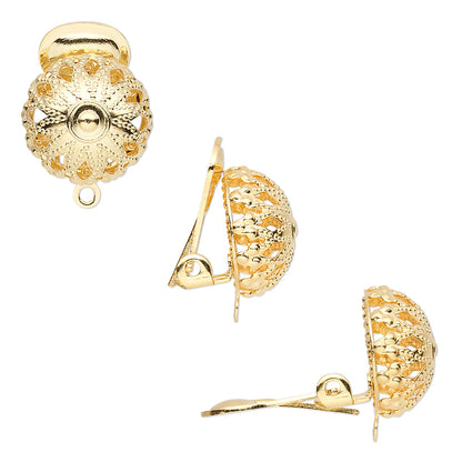 Gold earrings with intricate designs on a white background