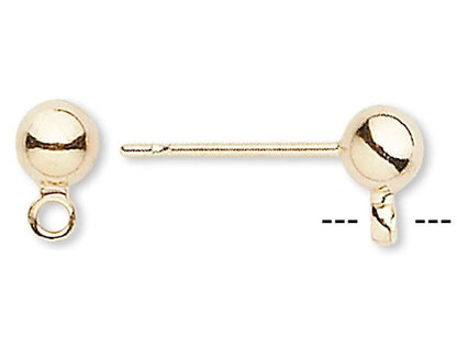 Ear Studs, Gold Plated Brass & Stainless Steel, 4mm Ball with Closed Loop