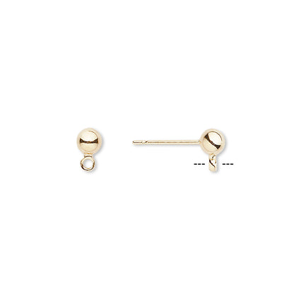 Ear Studs, Gold Plated Brass & Stainless Steel, 4mm Ball with Closed Loop