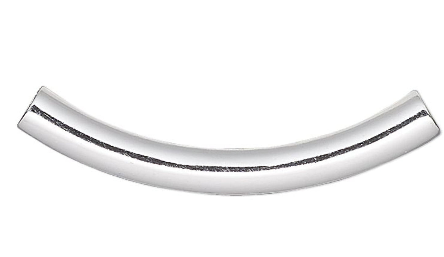 Silver Plated Brass Curved Tube Noodle Beads 26x3.2mm 2mm Hole