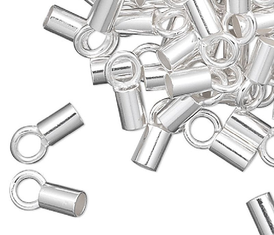 Crimp Tube Ends with Loop, Silver Plated Brass, 3.5x2mm, 1.5mm ID