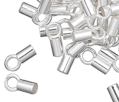 Crimp Tube Ends with Loop, Silver Plated Brass, 3.5x2mm, 1.5mm ID