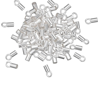 Crimp Tube Ends with Loop, Silver Plated Brass, 3.5x2mm, 1.5mm ID