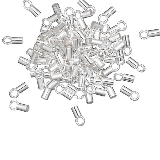 Crimp Tube Ends with Loop, Silver Plated Brass, 3.5x2mm, 1.5mm ID