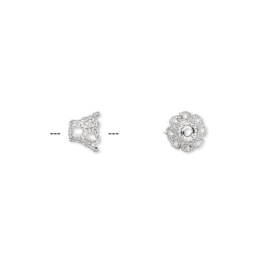 Bead Caps, Filigree Basket, Silver Plated Brass, 7x5mm, Fits 7-9mm Beads