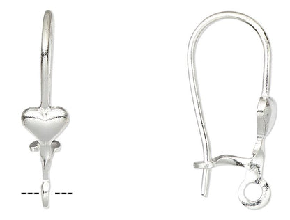 Kidney Ear Wires with Heart, Silver Plated Brass, 17mm, 21 Gauge