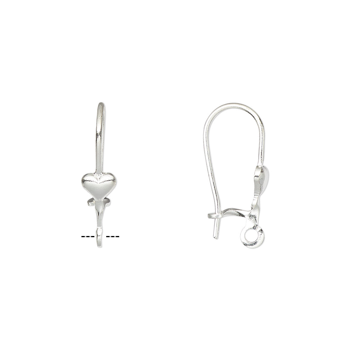 Kidney Ear Wires with Heart, Silver Plated Brass, 17mm, 21 Gauge