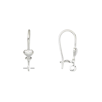 Kidney Ear Wires with Heart, Silver Plated Brass, 17mm, 21 Gauge