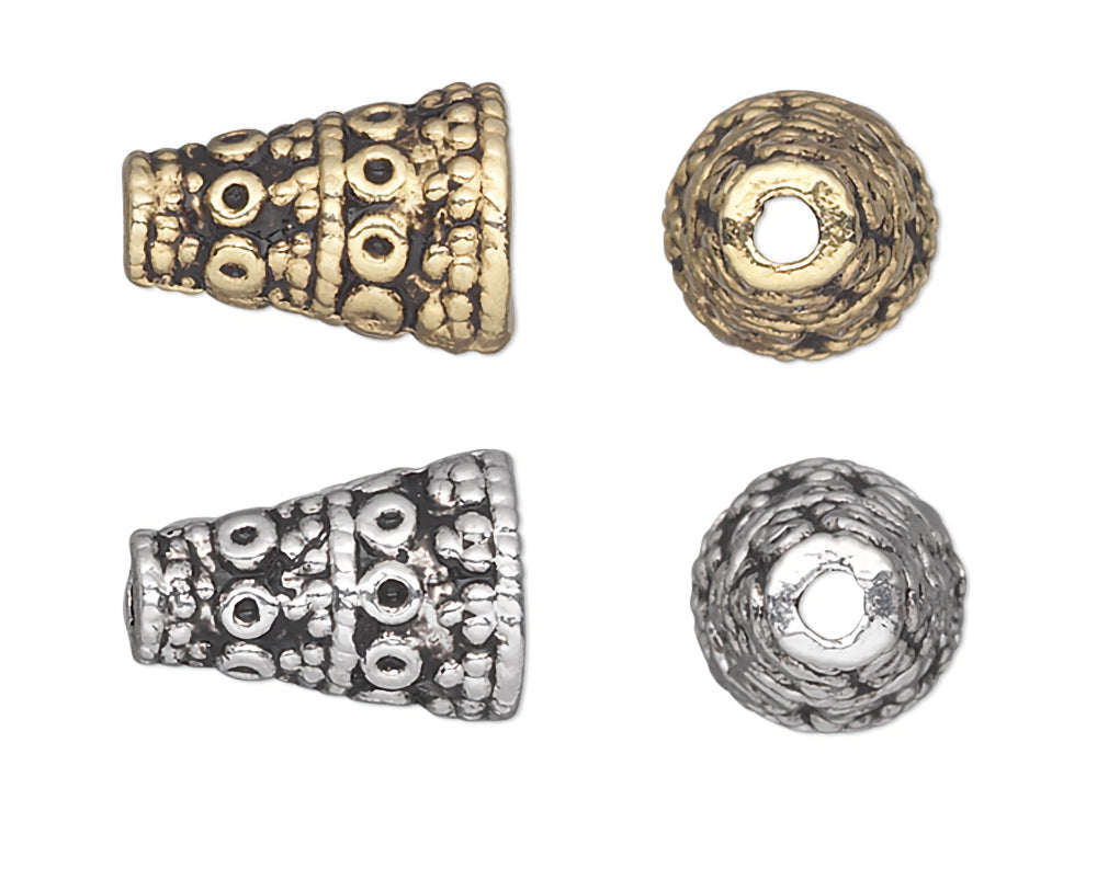 Bead Caps, Cone Style, Textured Pewter, 10x7mm, Antiqued Gold or Silver, 50 pcs