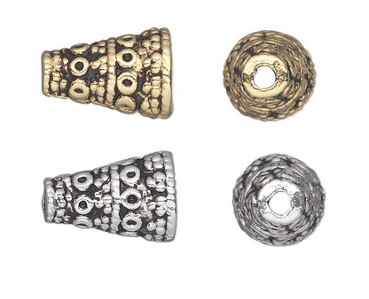 Bead Caps, Cone Style, Textured Pewter, 10x7mm, Antiqued Gold or Silver, 50 pcs