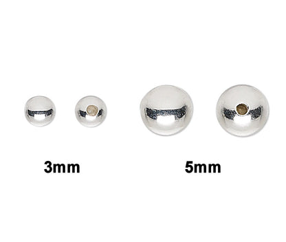 Three metallic spherical objects with sizes labeled 3mm, 5mm, on a white background.