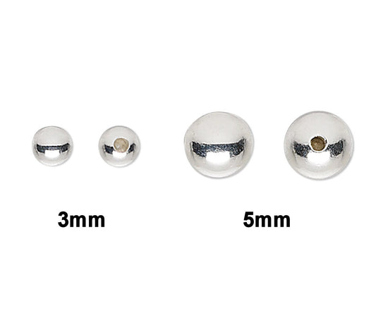 Three metallic spherical objects with sizes labeled 3mm, 5mm, on a white background.