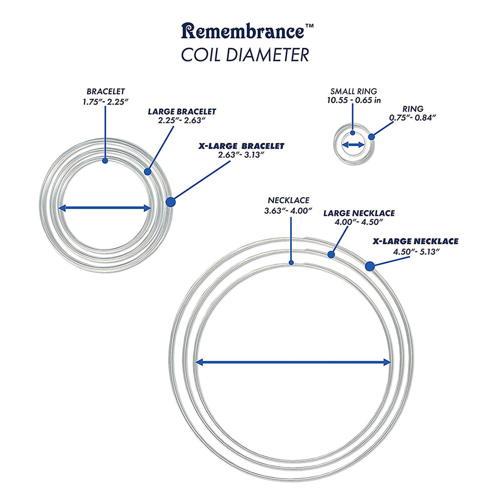 A size chart diagram for Remembrance Coil Diameter, showing measurements for bracelets, necklaces, a ring, and a small wheel on a white background with blue dimension lines and text labels.